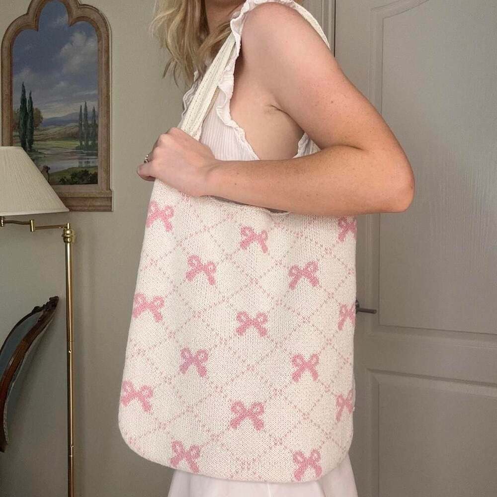 CIDER Pink Bow Diamond Pattern Knit Tote Bag